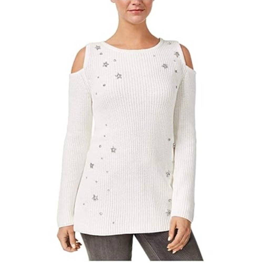 Women's White Cold-Shoulder Embellished Sweater with crystal stars Large